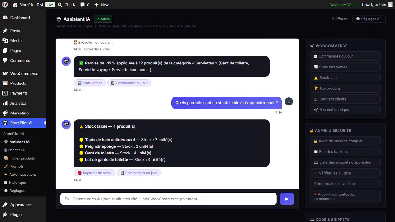 L'assistant StorePilot dans l'administration WooCommerce : remise appliquée sur une catégorie et analyse de stock — capture réelle du plugin.